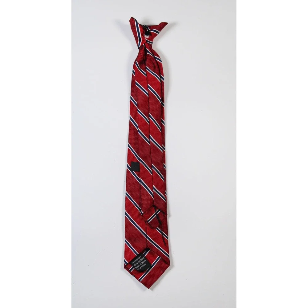 Red Striped Clip-On Necktie Navy White Diagonal Stripe Herringbone 15 Inch
